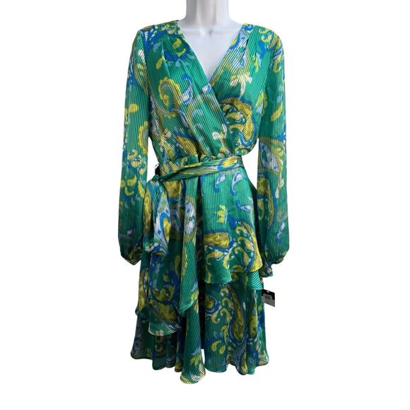 TAHARI ASL Women's Size 4 Wrap Belt Dress Green Paisley Ruffle Print Lined NWT - Picture 1 of 12